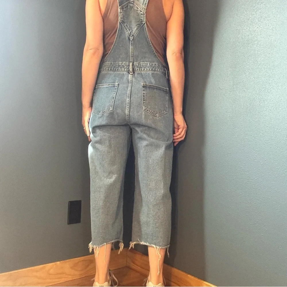Denim Raw Hem Wide Cropped Overalls size Large - Picture 7 of 11